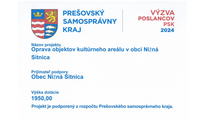 Oprava objektov kultúrneho areálu v obci Nižná Sitnica- Projekt podporený z rozpočtu PSK