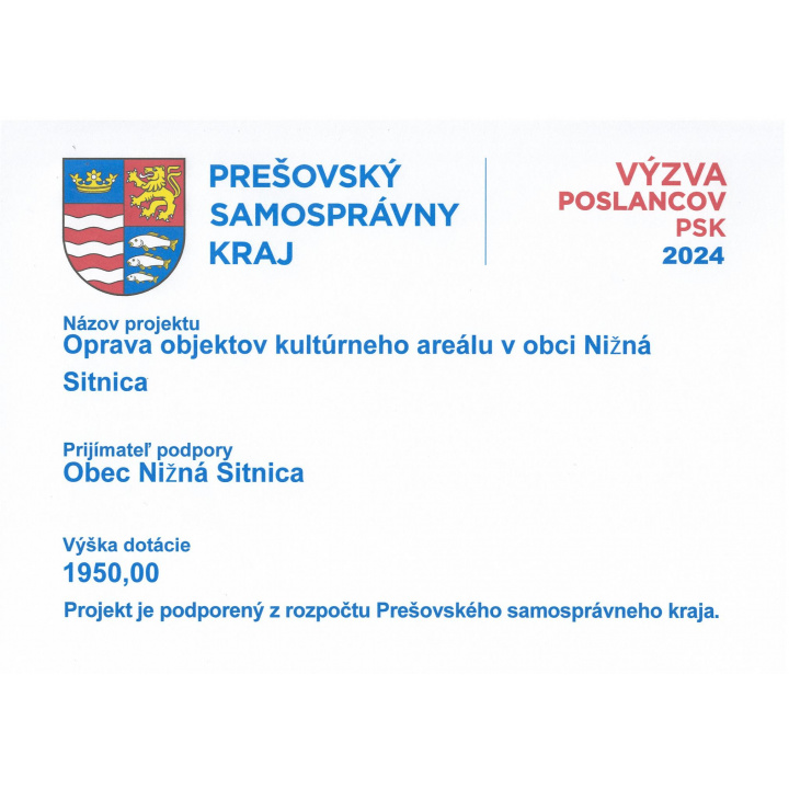 Oprava objektov kultúrneho areálu v obci Nižná Sitnica- Projekt podporený z rozpočtu PSK